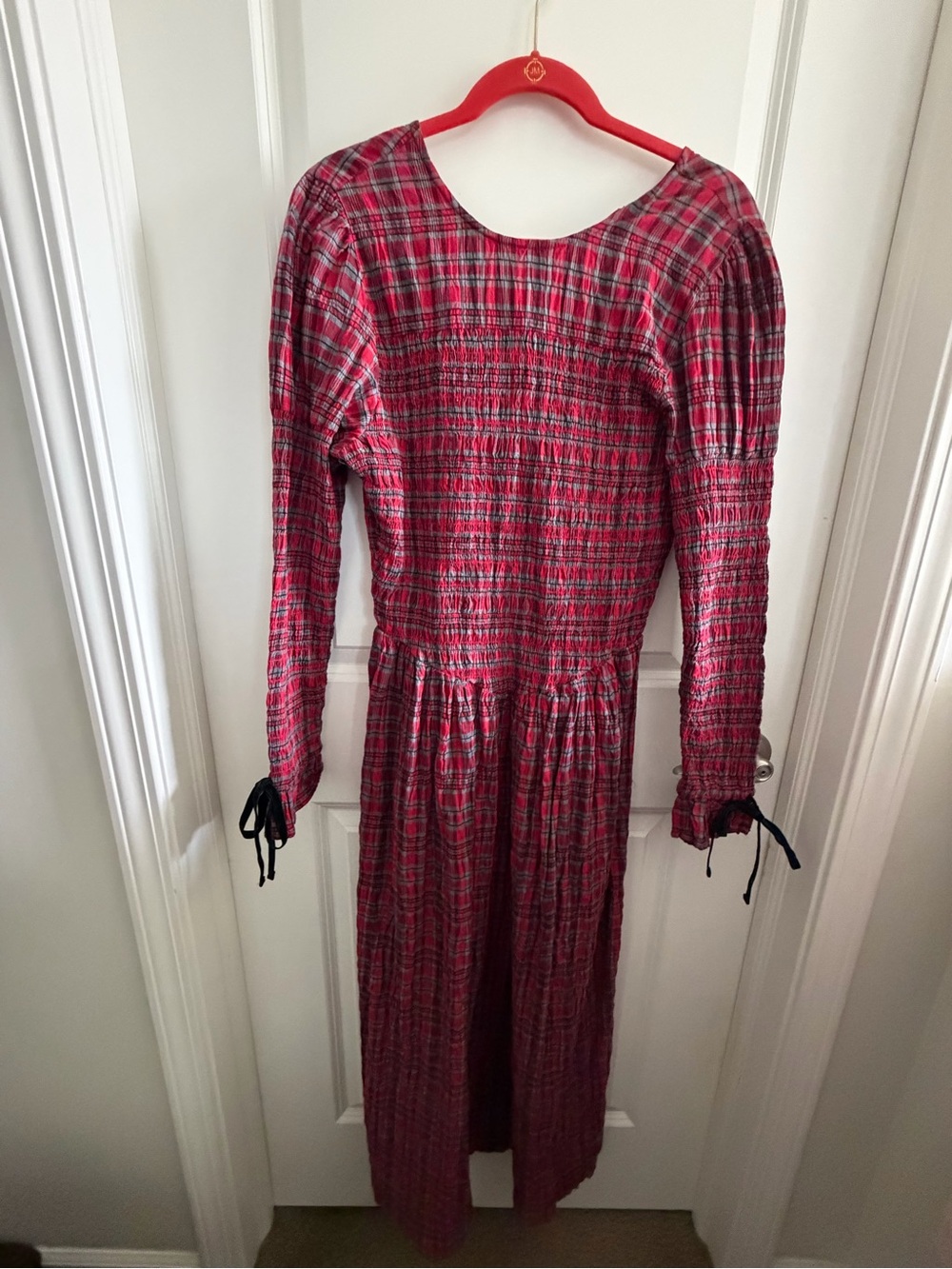 Red Plaid Maxi Dress with Smocked Bodice